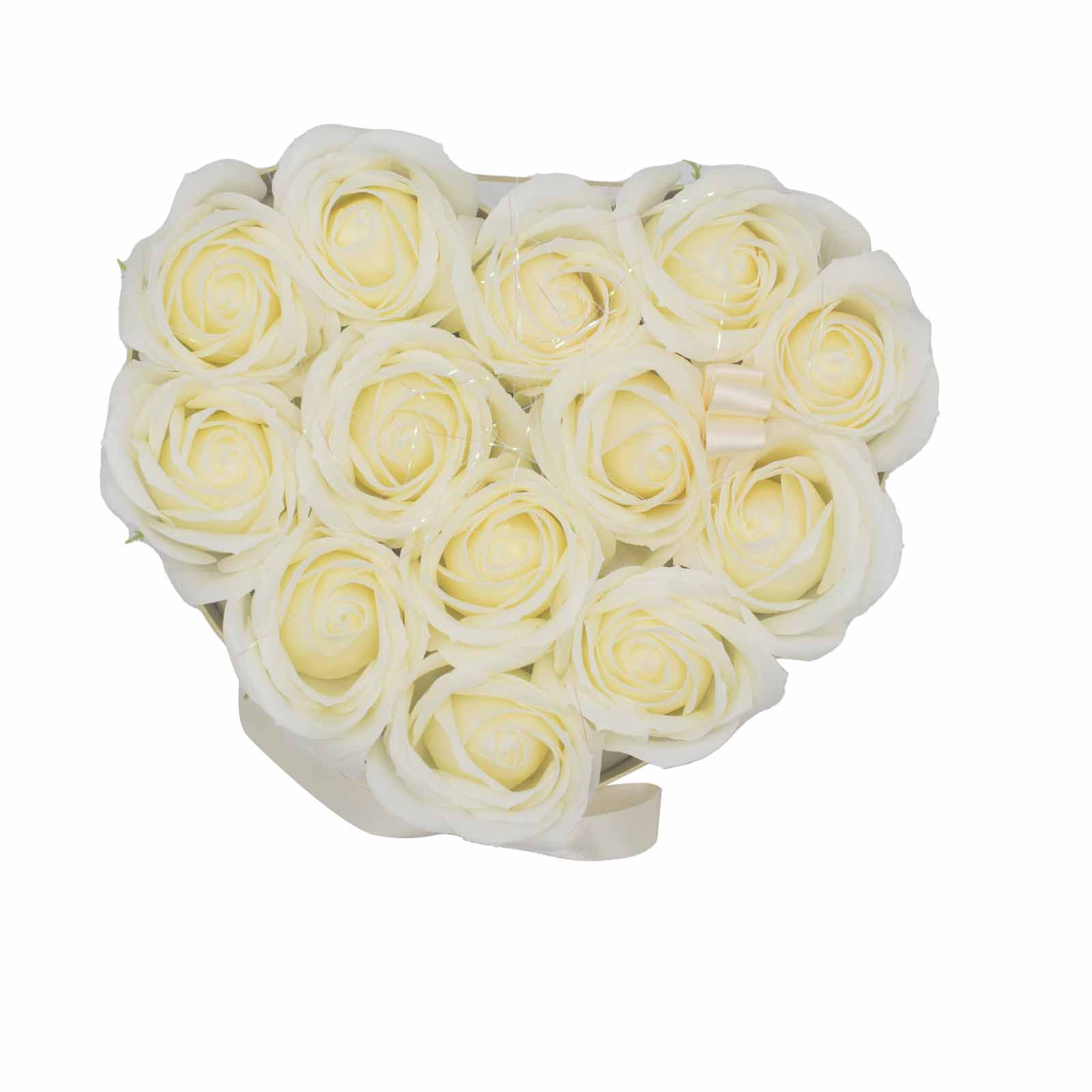 Dárkový box z mýdlových květů - 13 krémových růží - Srdce
