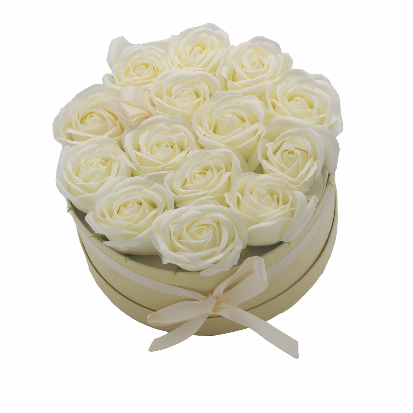 Dárkový box z mýdlových květů - 14 krémových růží - Kruh